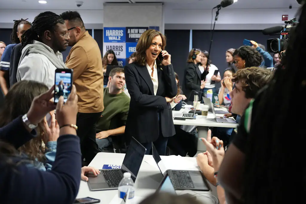 Kamala Harris spoke to a voter on the phone. Credit: Andrew Harnik / Getty