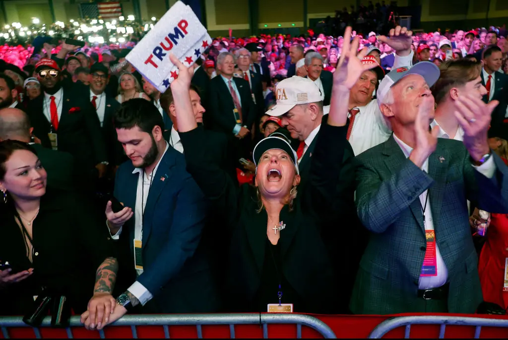 Supporters react while watching results come in during an election night watch party for Trump. Credit: Chip Somodevilla / Getty