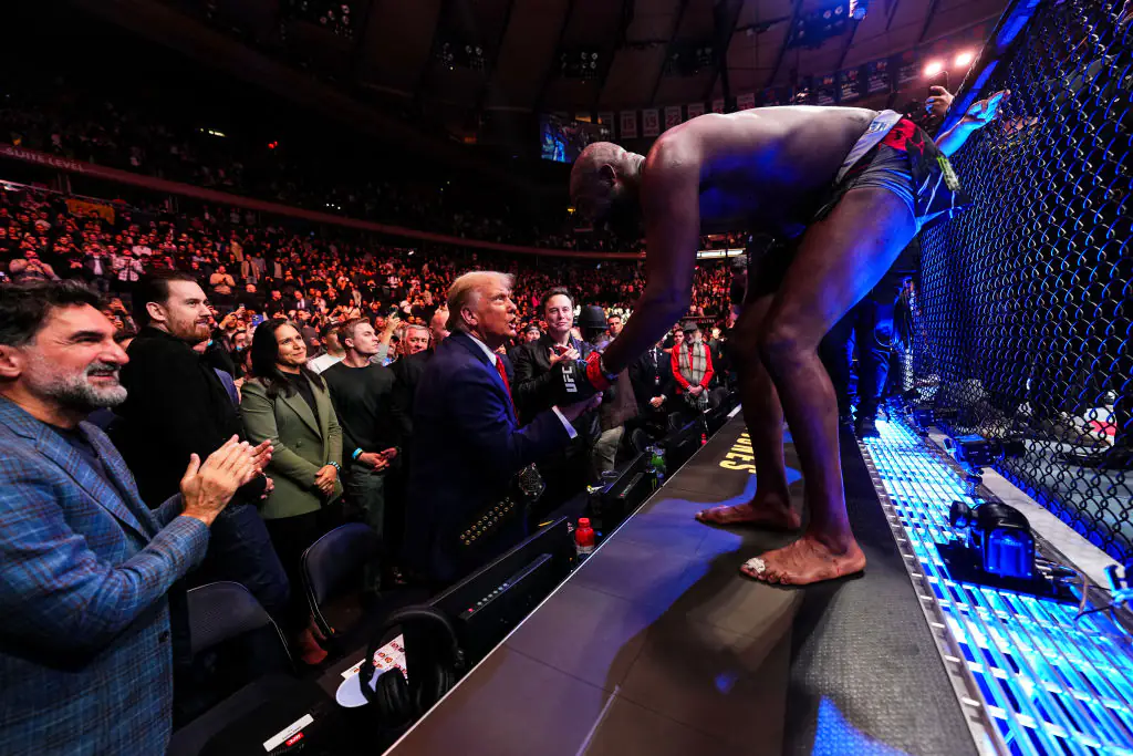 Donald Trump enjoyed Jon Jones' victory alongside Yasir Al-Rumayyan and Elon Musk at UFC 309. Credit: Chris Unger / Getty