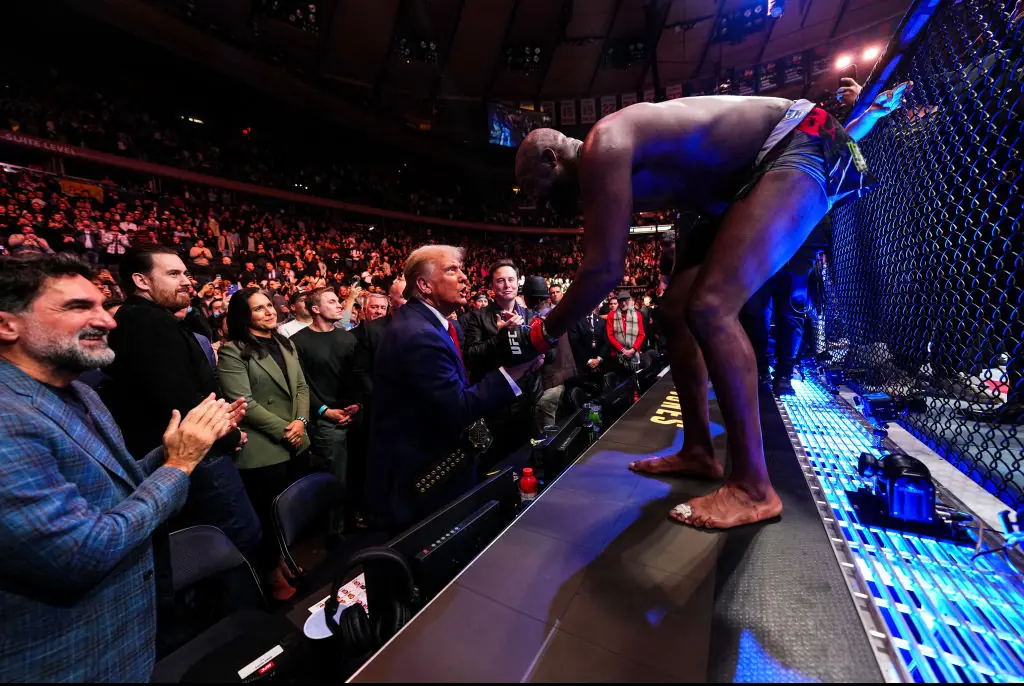 Donald Trump enjoyed Jon Jones' victory alongside Yasir Al-Rumayyan and Elon Musk at UFC 309. Credit: Chris Unger / Getty