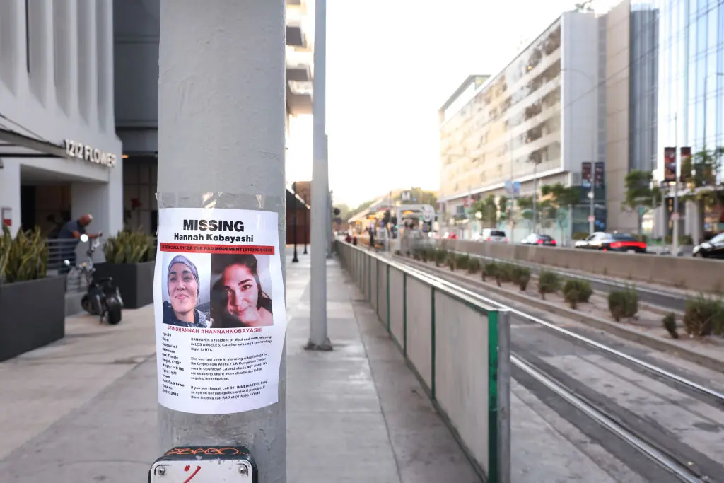 Posters of Hannah Kobayashi outside the metro station where she was last seen. Credit: Wally Skalij/Los Angeles Times/Getty