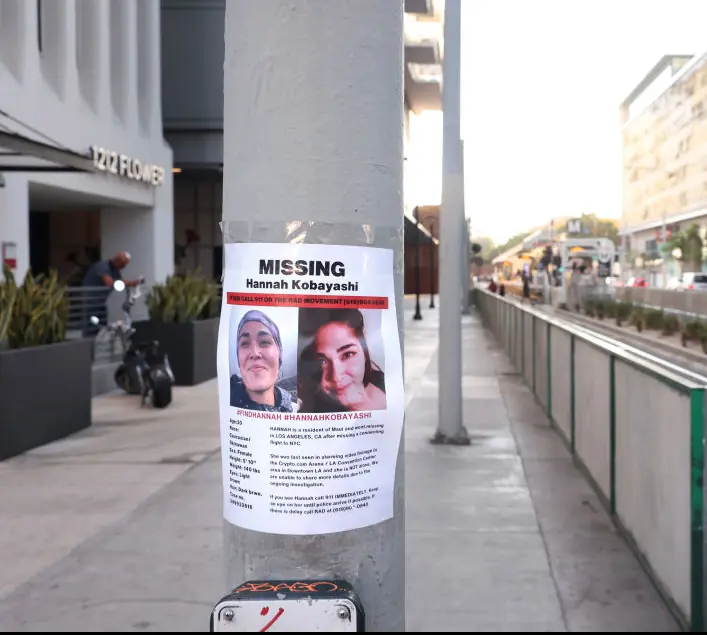 Posters of Hannah Kobayashi outside the metro station where she was last seen. Credit: Wally Skalij/Los Angeles Times/Getty