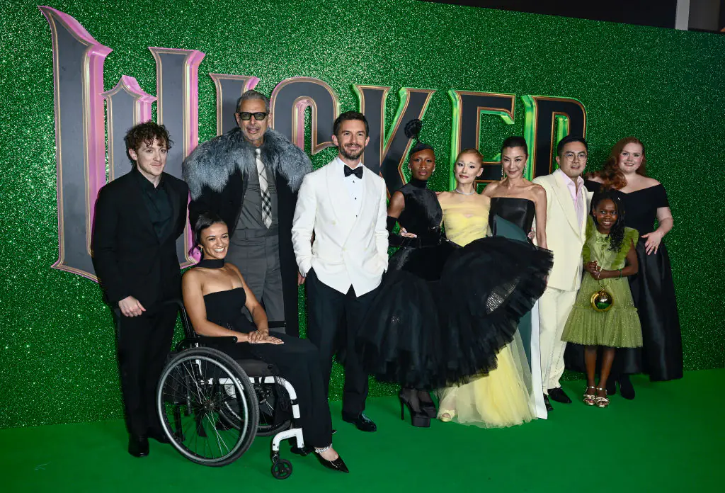 Ethan Slater, Marissa Bode, Jeff Goldblum, Jonathan Bailey, Cynthia Erivo, Ariana Grande, Michelle Yeoh, Bowen Yang, Karis Musongole and Bronwyn James. Credit: Gareth Cattermole / Getty