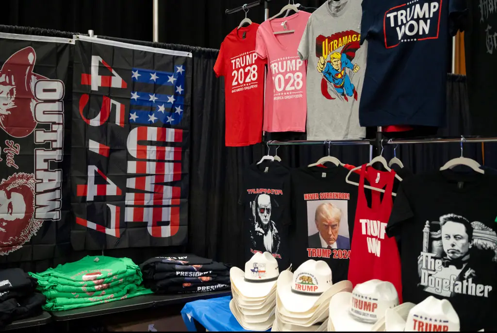 T-shirts read "Trump 2028" during Turning Point USA's AmericaFest. Credit: Rebecca Noble / Getty