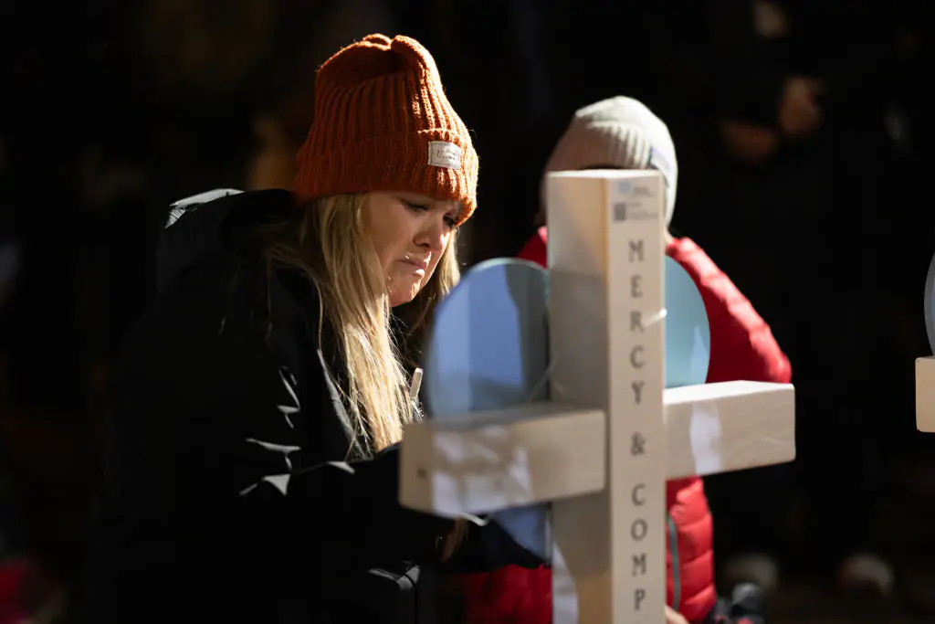 People leave messages on crosses during a vigil on the grounds of the state Capital building to mourn the victims of the shooting at Abundant Life Christian School . Credit: Scott Olson/Getty