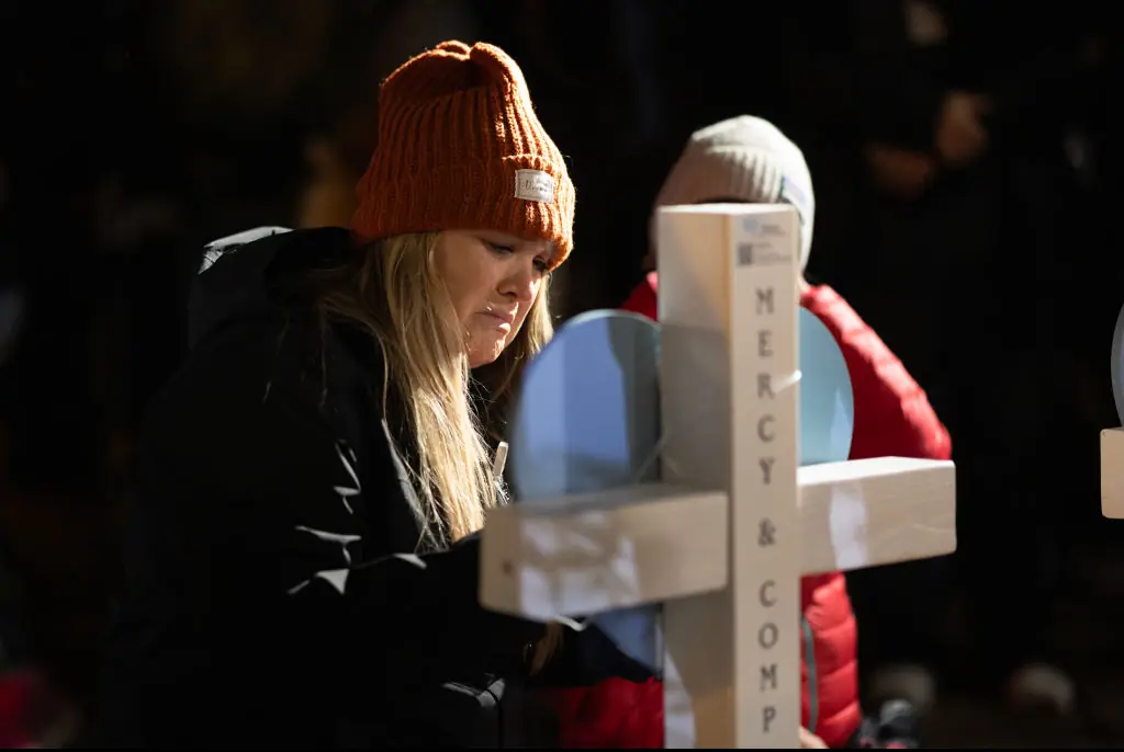 People leave messages on crosses during a vigil on the grounds of the state Capital building to mourn the victims of the shooting at Abundant Life Christian School . Credit: Scott Olson/Getty 