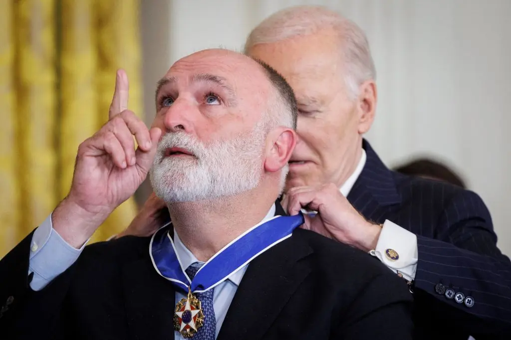  Chef Jose Andres gestures while being awarded the Presidential Medal of Freedom by President Biden. Credit: Tom Brenner/Getty Images