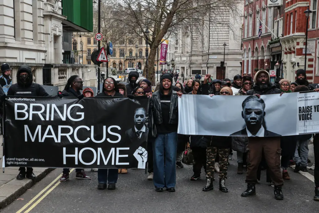 Demonstrators take to the streets in support of 18-year-old Marcus. Credit: Thabo Jaiyesimi/SOPA Images/LightRocket via Getty Images)