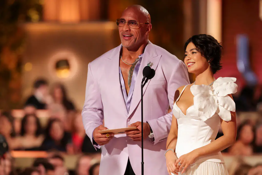 Dwayne Johnson and Auli'i Cravalho during the 82nd Annual Golden Globes. Credit: Christopher Polk/GG2025 / Getty