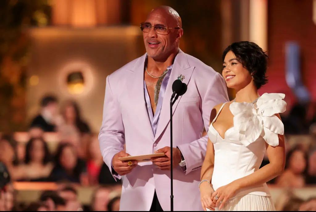 Dwayne Johnson and Auli'i Cravalho during the 82nd Annual Golden Globes. Credit: Christopher Polk/GG2025 / Getty
