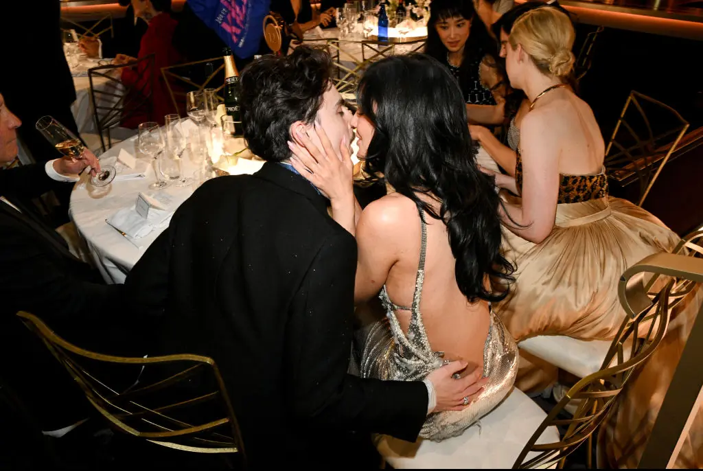 Kylie Jenner and Timothee Chalamet shared a kiss at the award show. Credit: Michael Buckner/GG2025 / Getty