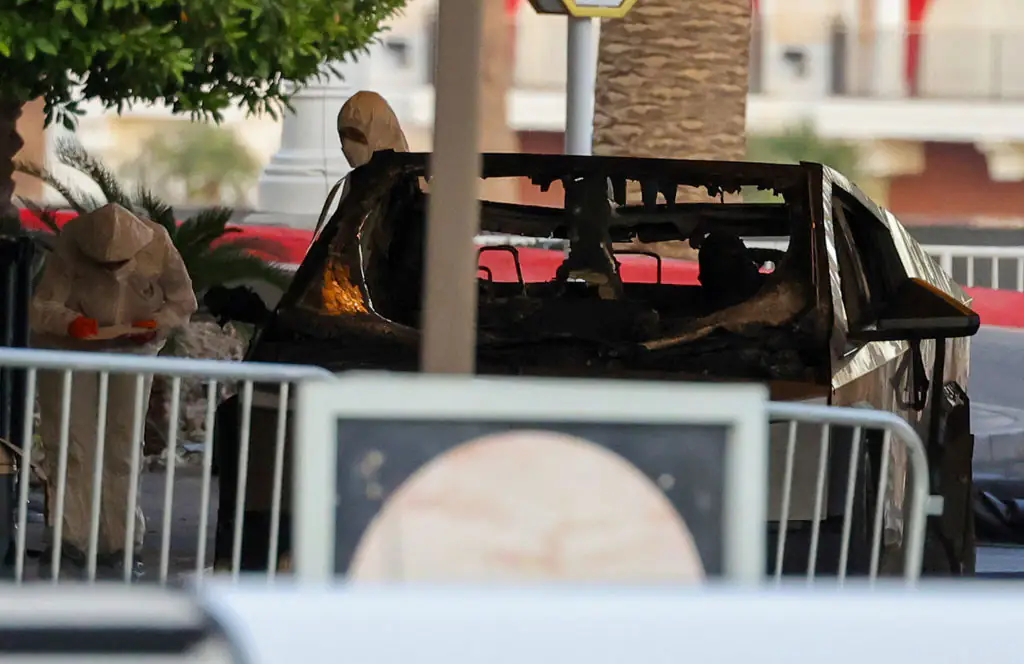 The Tesla truck after the explosion. Credit: Ethan Miller / Getty