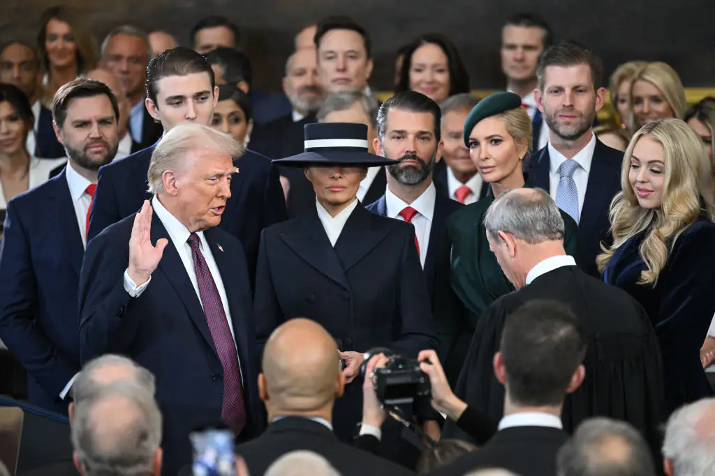 Elon Musk watching as Trump is sworn in as president. Credit:	Pool / Getty