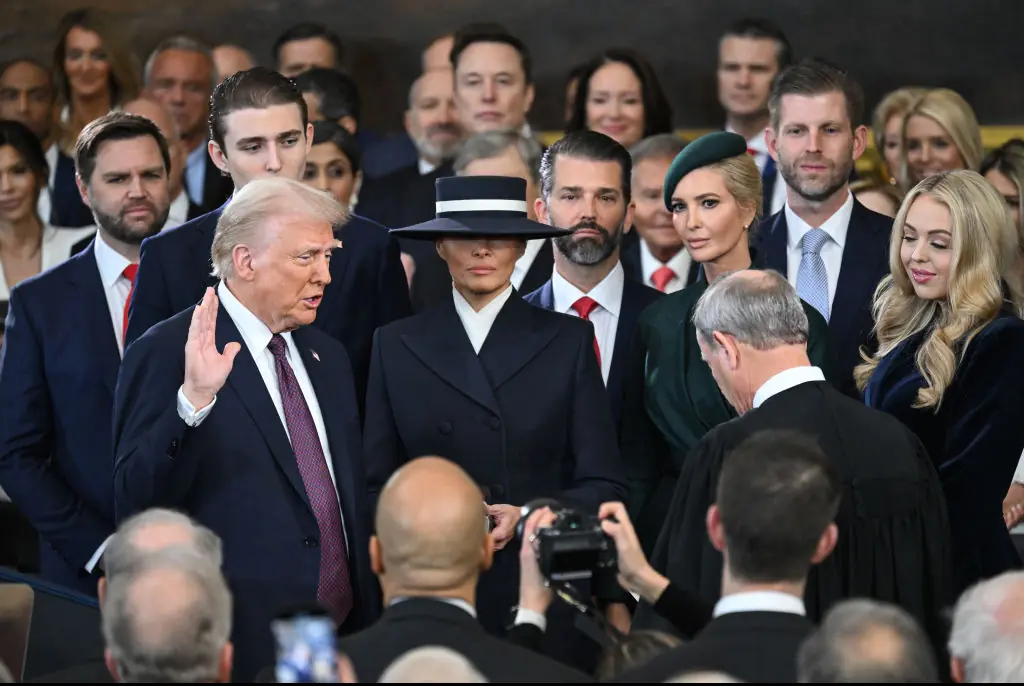 Elon Musk watching as Trump is sworn in as president. Credit:	Pool / 
