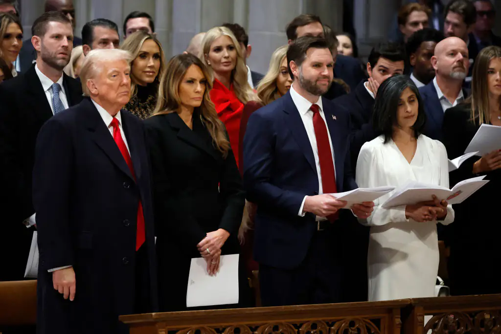 Trump sat in the front row with First Lady Melania, Vice President JD Vance, and his wife Usha Vance. Credit: Chip Somodevilla / Getty