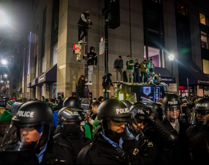 Police stand by as Eagles fans took to the streets in celebration. Credit: Thomas Hengge/Anadolu via Getty Images