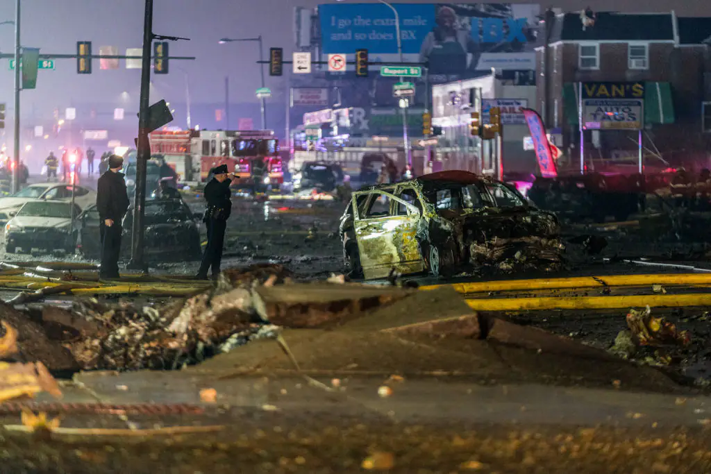 The air ambulance crashed in a densely populated part of Philadelphia. Credit: Thomas Hengge/Anadolu via Getty Images