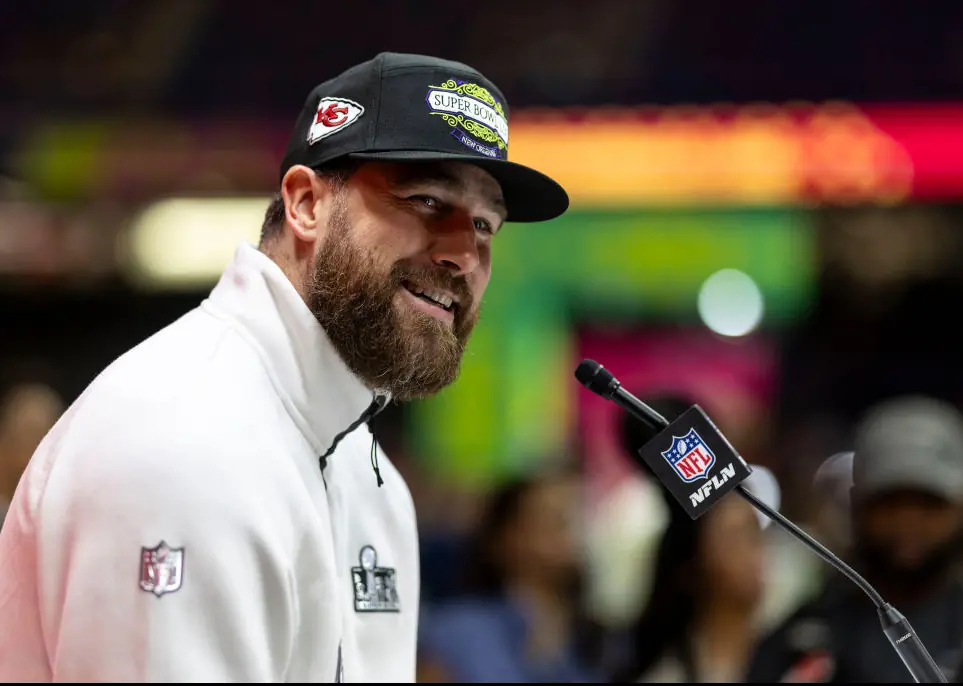 Travis Kelce took questions during Super Bowl Opening Night on Monday. Credit: Michael Owens/Getty Images