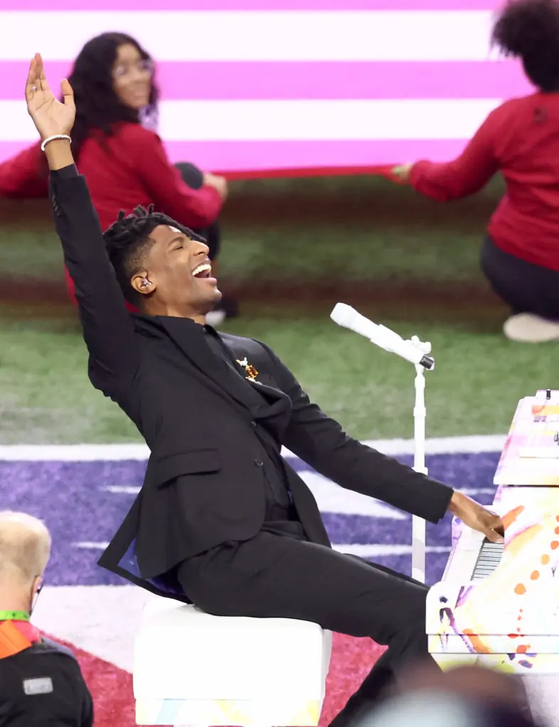 Jon Batiste wows viewers with his rendition of the National Anthem. Credit: Cindy Ord/Getty Images