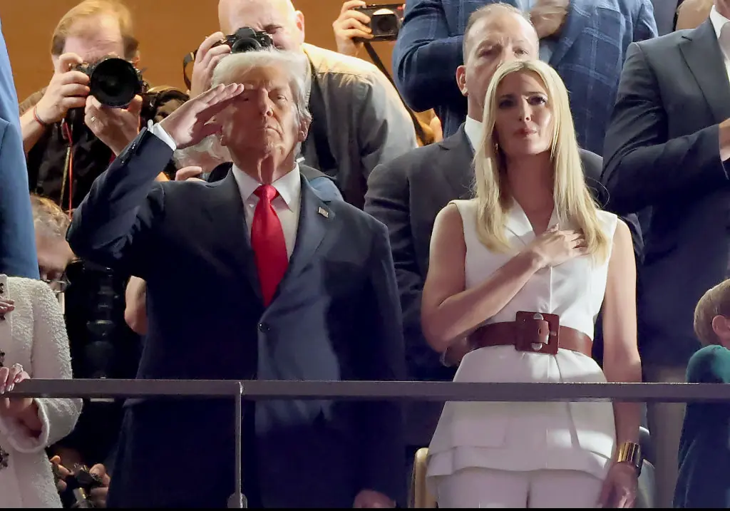 President Trump and daughter Ivanka during the national anthem. Credit:  Kevin Mazur/Getty Images for Roc Nation