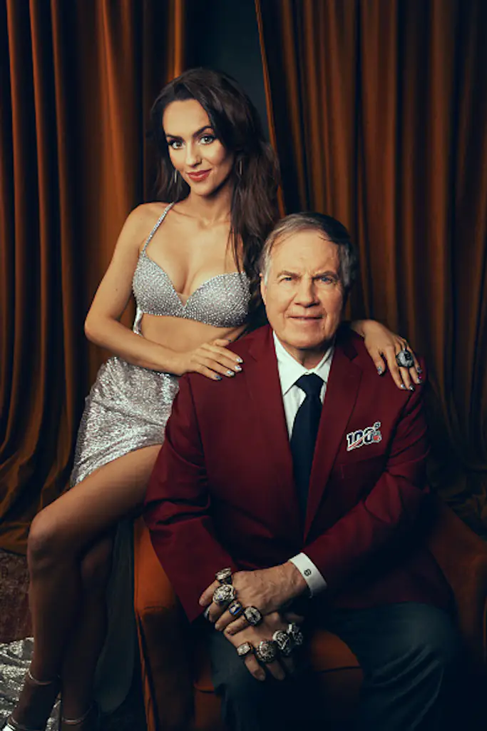 Bill Belichick and Jordon Hudson pose for a photo backstage at the 14th Annual NFL Honors at Saenger Theatre in February 2025. Credit: Todd Rosenberg/Getty Images.
