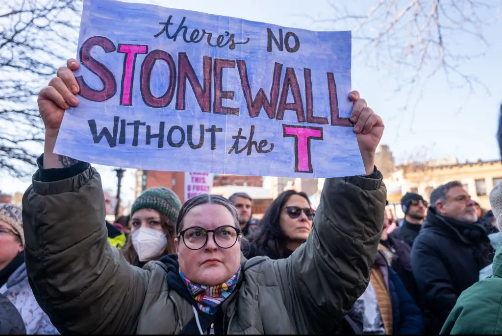  People protest the removal of the word “transgender” from the Stonewall National Monument website.Credit: Spencer Platt / Getty