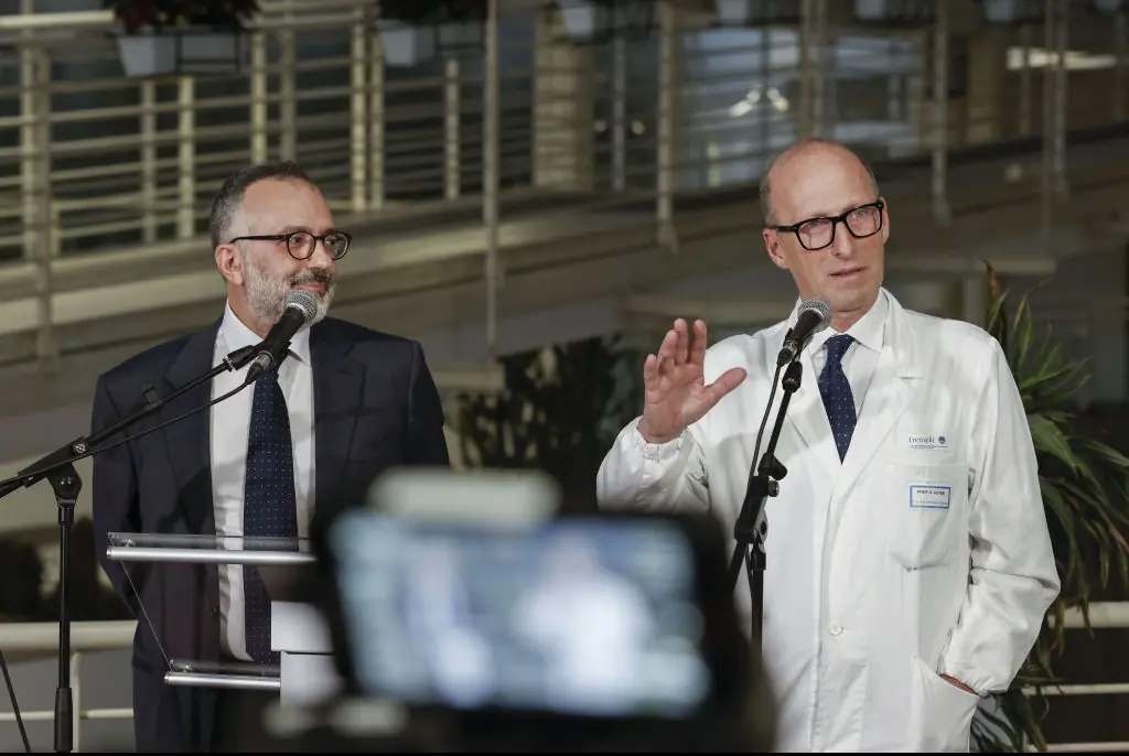 Physicians Luigi Carbone (L) and Sergio Alfieri (R) provide an update on Pope Francis. Credit: Riccardo De Luca/Anadolu via Getty Images