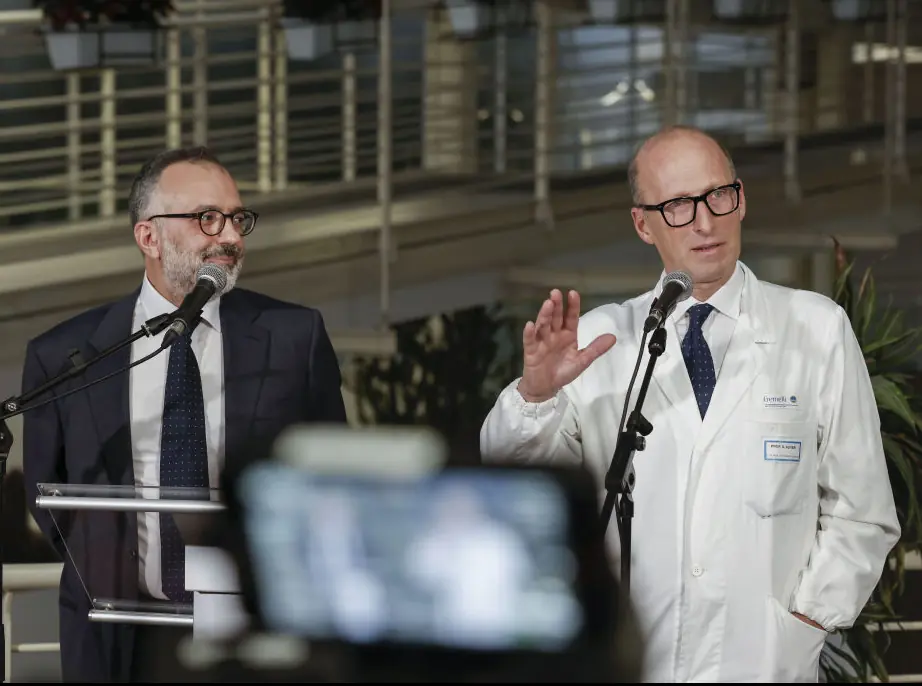 Physicians Luigi Carbone (L) and Sergio Alfieri (R) provide an update on Pope Francis. Credit: Riccardo De Luca/Anadolu via Getty Images