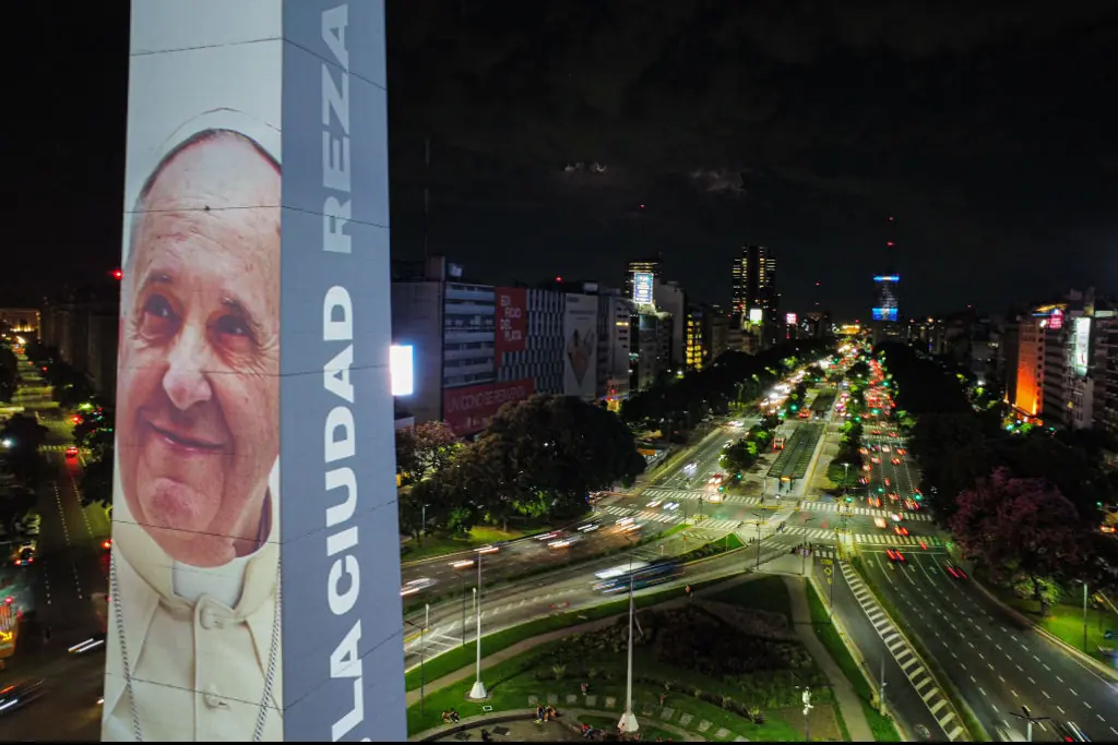 The Government of the City of Buenos Aires, Argentina, paid tribute to Pope Francis by projecting his images onto the iconic Obelisk with the message 'La Ciudad Reza Por Vos' (The City Prays for You). Credit:  Luciano Gonzalez/Anadolu via Getty Images