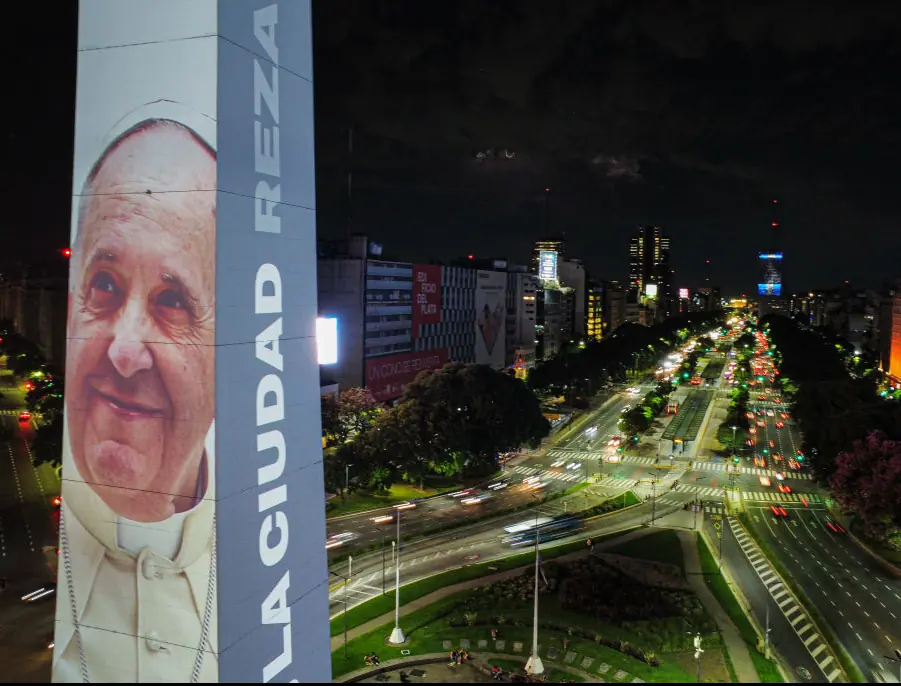 The Government of the City of Buenos Aires, Argentina, paid tribute to Pope Francis by projecting his images onto the iconic Obelisk with the message 'La Ciudad Reza Por Vos' (The City Prays for You). Credit:  Luciano Gonzalez/Anadolu via Getty Images