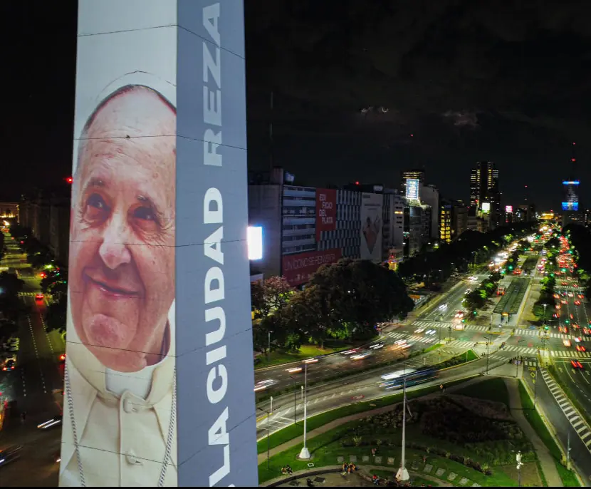 The Government of the City of Buenos Aires, Argentina, paid tribute to Pope Francis by projecting his images onto the iconic Obelisk with the message 'La Ciudad Reza Por Vos' (The City Prays for You). Credit:  Luciano Gonzalez/Anadolu via Getty Images