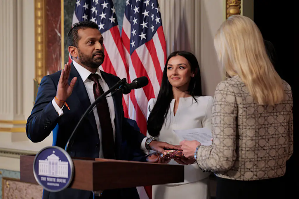 Attorney General Pam Bondi swears in the new Federal Bureau of Investigation Director Kash Patel (pictured alongside his girlfriend Alexis Wilkins). Credit: Chip Somodevilla / Getty Images.