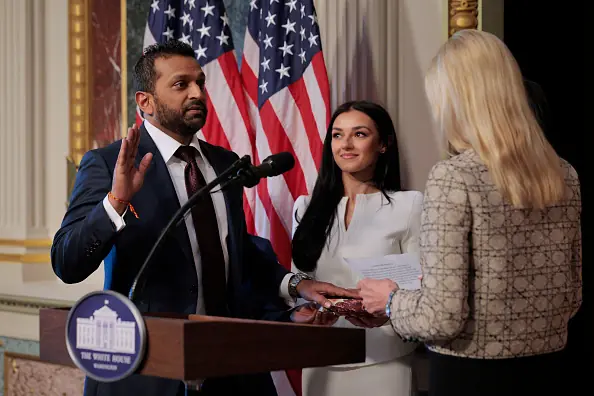 Attorney General Pam Bondi swears in the new Federal Bureau of Investigation Director Kash Patel (pictured alongside his girlfriend Alexis Wilkins). Credit: Chip Somodevilla / Getty Images.