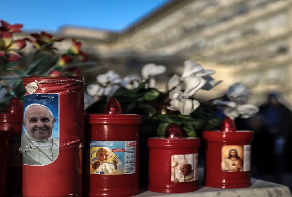  Church candles depicting Pope Francis seen outside the Gemelli Hospital. Credit: Alessandra Benedetti - Corbis/Corbis via Getty Images