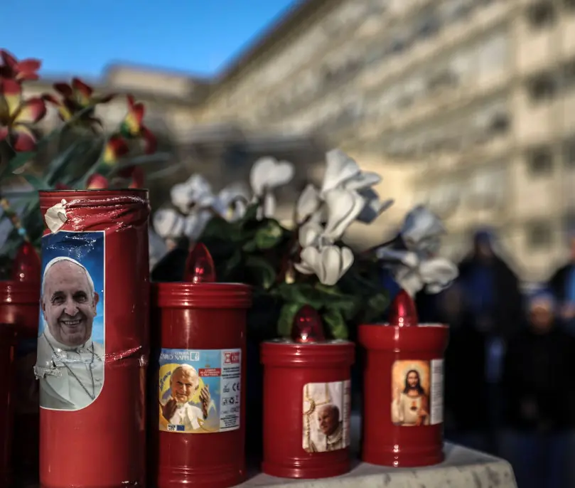  Church candles depicting Pope Francis seen outside the Gemelli Hospital. Credit: Alessandra Benedetti - Corbis/Corbis via Getty Images