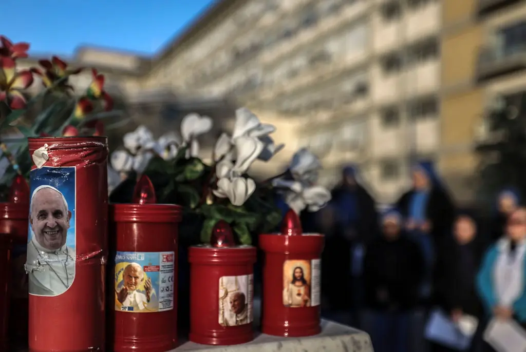  Church candles depicting Pope Francis seen outside the Gemelli Hospital. Credit: Alessandra Benedetti - Corbis/Corbis via Getty Images