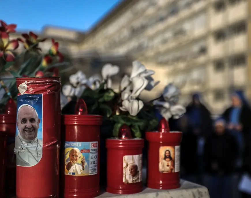  Church candles depicting Pope Francis seen outside the Gemelli Hospital. Credit: Alessandra Benedetti - Corbis/Corbis via Getty Images