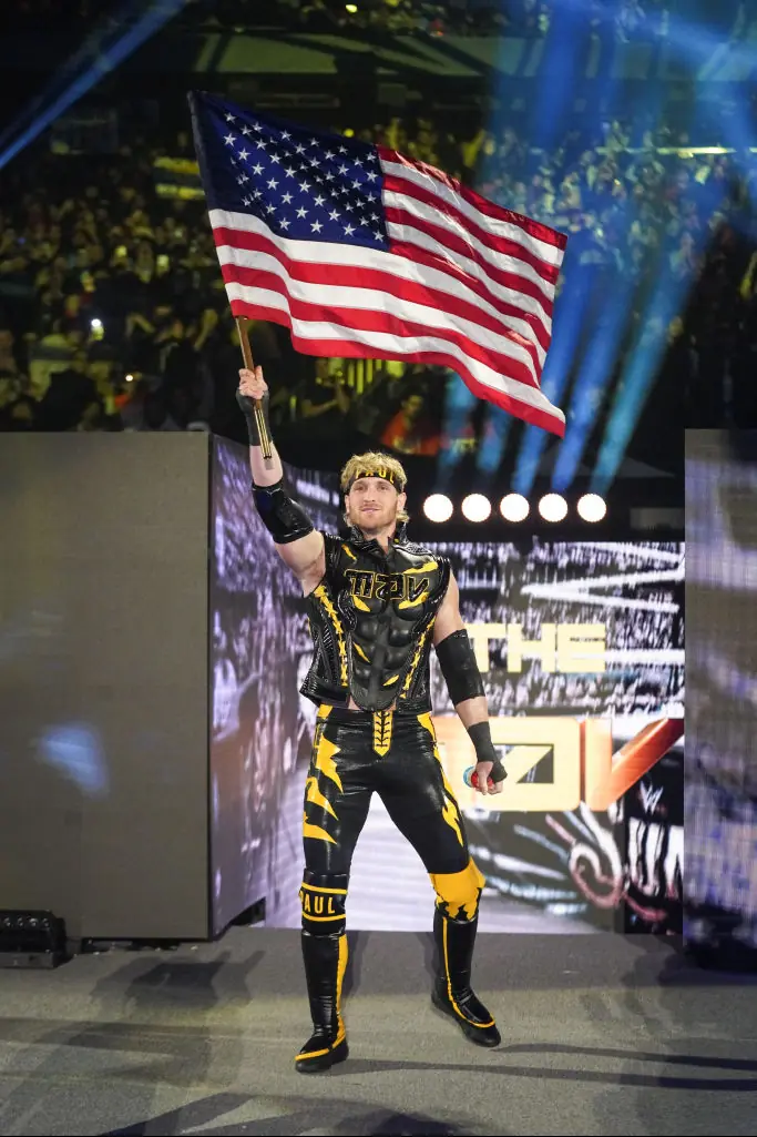 Logan Paul makes his entrance during WWE Elimination Chamber at Rogers Centre. Credit: WWE/Getty Images