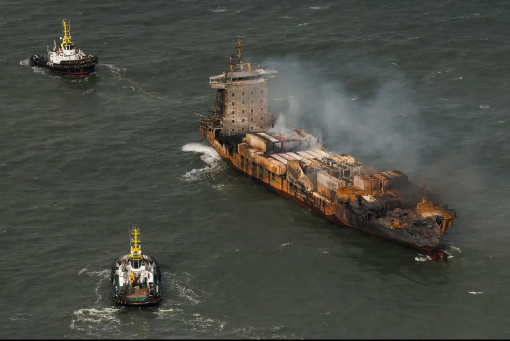 Smoke billows from the MV Solong cargo ship. Credit: Dan Kitwood/Getty Images