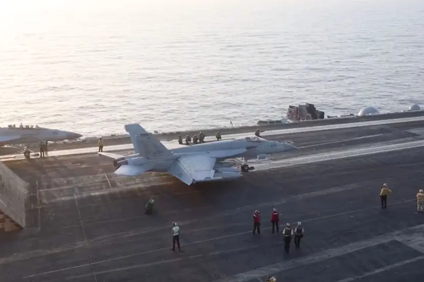 US aircrafts taking off from aircraft carrier as the US carries out precision airstrikes. Credit: CENTCOM / Handout/Anadolu via Getty Images