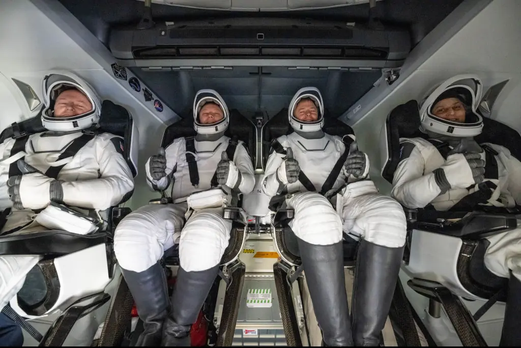 Wilmore and Williams alongside Roscosmos cosmonaut Aleksandr Gorbunov and NASA astronaut Nick Hague on their return journey to Earth. Credit: Keegan Barber/NASA via Getty Images