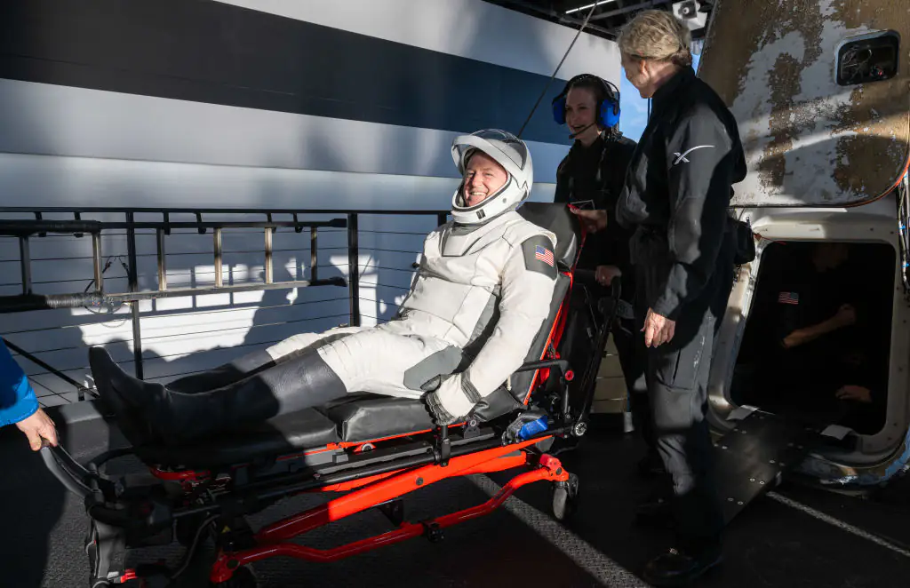 Barry 'Butch' Wilmore was assisted into reclining stretchers for routine medical checks after returning to Earth. Credit: NASA / Getty