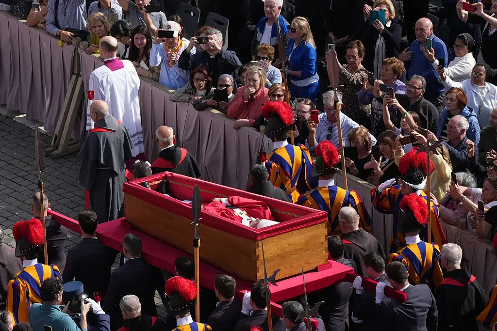 Pope Francis's coffin arrives in St Peter's Basilica for public mourning. Credit:	Christopher Furlong / Getty: 