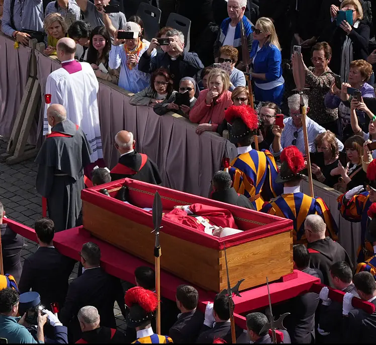 Pope Francis's coffin arrives in St Peter's Basilica for public mourning. Credit:	Christopher Furlong / Getty: 