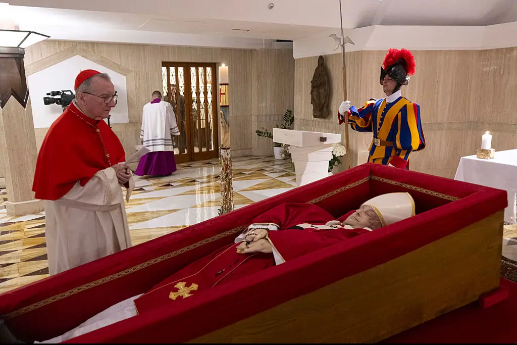 Pope Francis is lying in an open casket before it will be taken to St Peter's Basilica for public viewing. Credit: Vatican Media via Vatican Pool/Getty Images