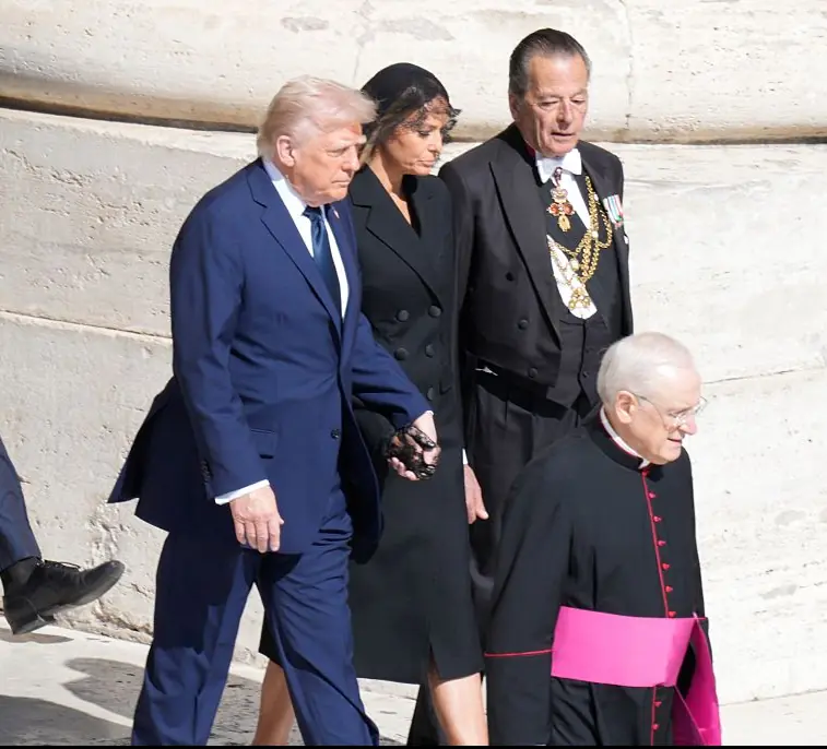 Trump and his wife Melania are seen arriving at the Pope's Funeral. Credit: Jaap Arriens/NurPhoto via Getty Images