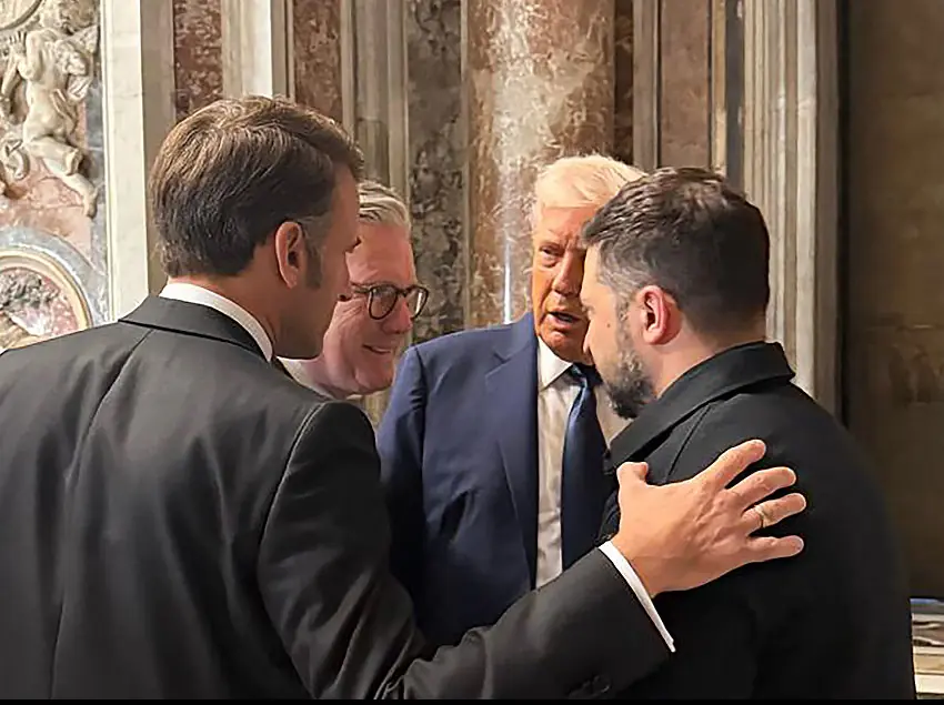 Macron, Starmer, Trump, and Zelensky were photographed at Pope Francis' funeral. Credit: Ukrainian Presidential Press Service via Getty Images