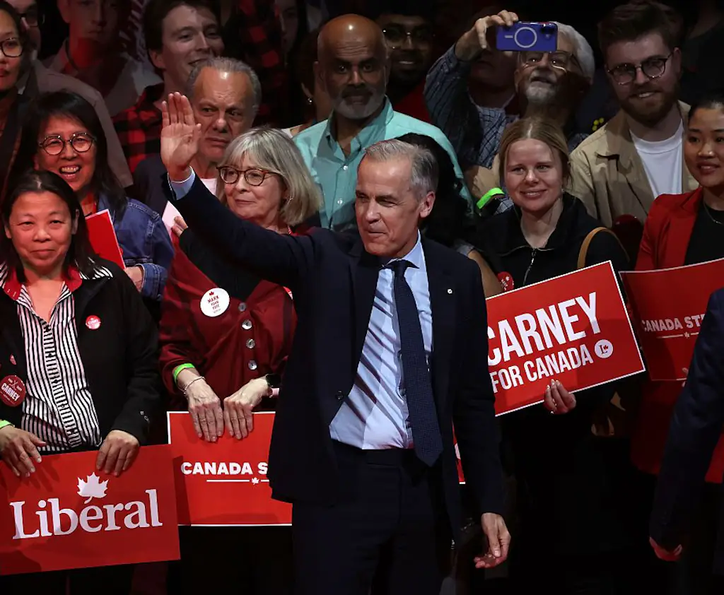 Canadian Prime Minister Mark Carney celebrates his win and delivers his victory speech. Credit: Steve Russell/Toronto Star via Getty Images