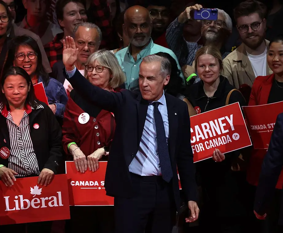 Canadian Prime Minister Mark Carney celebrates his win and delivers his victory speech. Credit: Steve Russell/Toronto Star via Getty Images