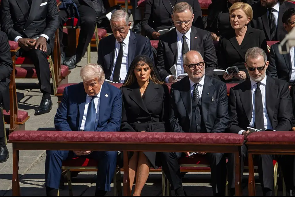 President Donald Trump, First Lady Melania Trump and King Felipe VI during the Pope's funeral in St. Peter's Square. Credit: Europa Press News / Getty